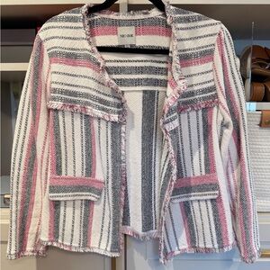 NIC+ZOE Pink, White & Gray Striped Fringe Open Cardigan